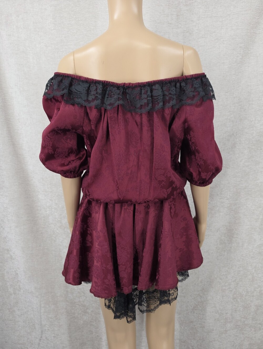 Vintage Off-the-Shoulder Burgundy Satin Jacquard Black Lace Trim Costume Dress - Picture 4 of 8